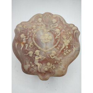 Vintage Genuine Incolay Stone Jewelry Box With Hinged Lid & Angel Motif Design